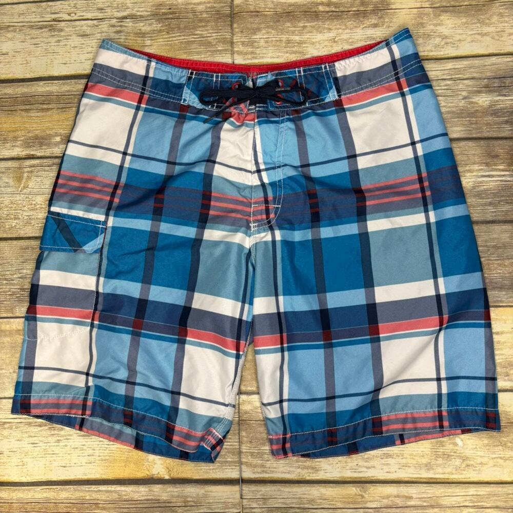Old‎ Navy Red White Blue Plaid Mesh Lined  Knee Length Swim Trunks Sz L